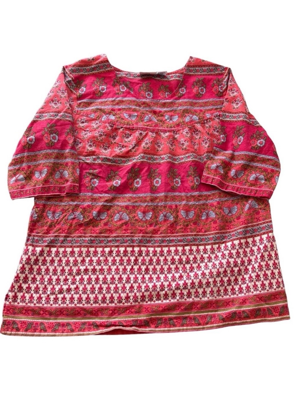 Vermont Country Store Women's Pink Floral Boho Tunic Top L Bohemian 100% Cotton